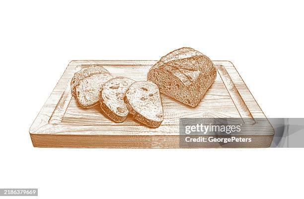 sliced bread on bread board - artisan bread white background stock illustrations