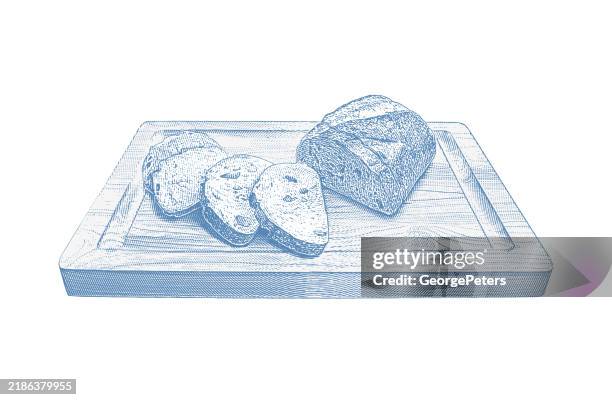 sliced bread on bread board - artisan bread white background stock illustrations