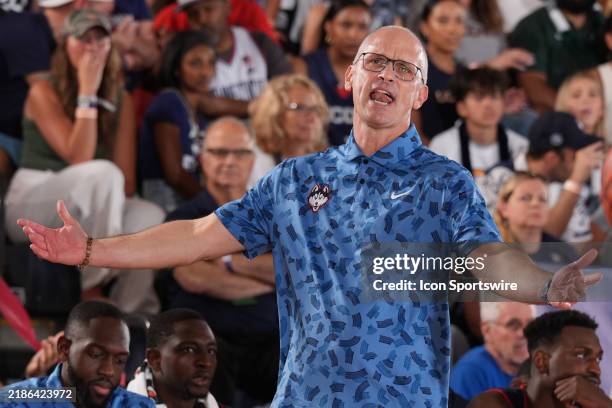 Huskies coach Dan Hurley coaches on the sidelines against the Colorado Buffaloes during the second round of the Maui Invitational on November 26 at...