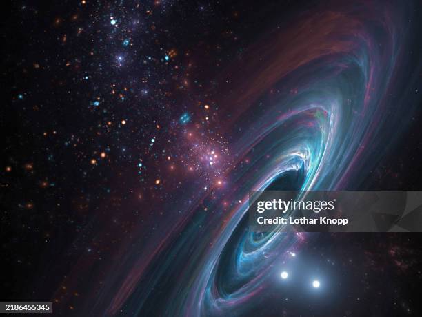 digitally created 3-dimensional starry sky with galaxies, nebulae, gas clouds, black holes and dark matter based on fractal mathematics - heelal stockfoto's en -beelden