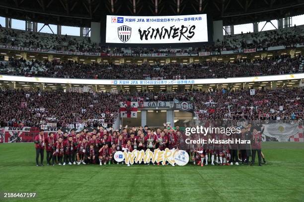 Players and supporters of Vissel Kobe celebrate the victory after the Emperor's Cup JFA 104th Japan Football Championship final between Gamba Osaka...