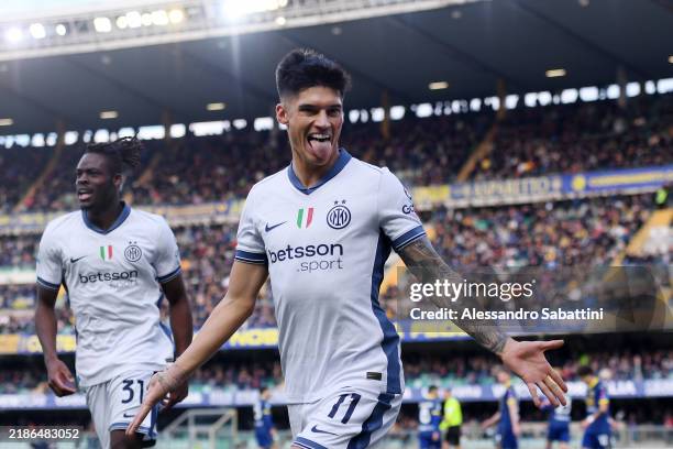 Joaquin Correa of FC Internazionale celebrates scoring his team's first goal during the Serie A match between Verona and FC Internazionale at Stadio...