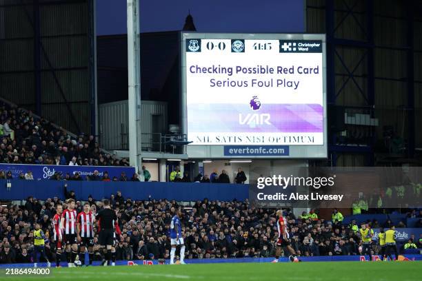 The VAR screen shows a possible red card check prior to the sending off of Christian Norgaard of Brentford during the Premier League match between...
