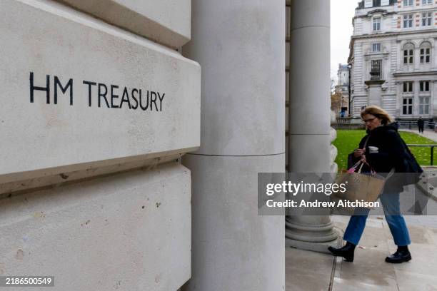 The HM Treasury sign outside their building in Whitehall on the 20th of November 2024 in London, United Kingdom. HM Treasury is the British...