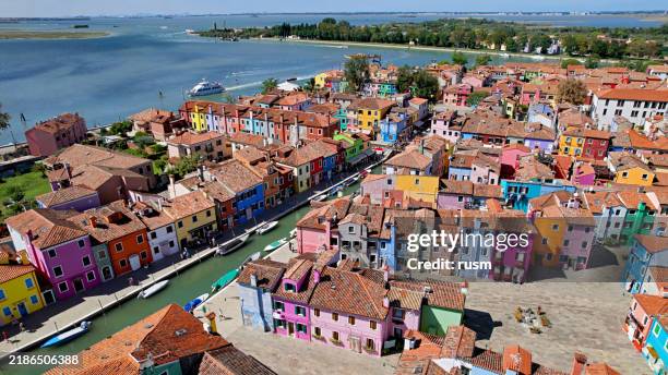 aerial view of colorful houses on burano island, italy - lagun bildbanksfoton och bilder