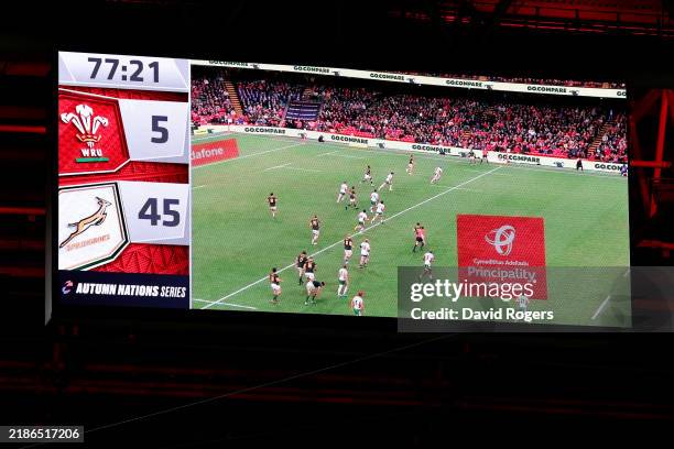 The LED board shows the score of Wales 5 - 45 South Africa, as Wales concede their largest points difference for defeat after Jordan Hendrikse of...