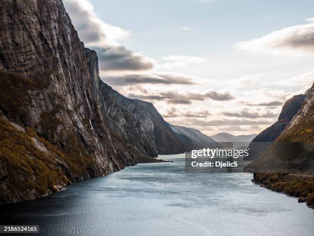 aerial view of lysefjord, norway - preikestolen norway stock pictures, royalty-free photos & images