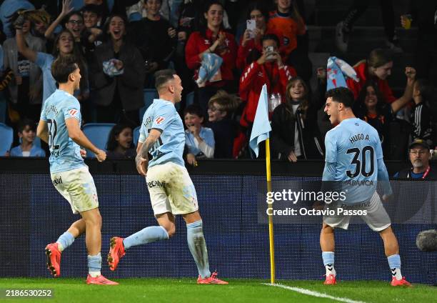 Hugo Alvarez of Celta Vigo celebrates scoring his team's second goal with teammates during the LaLiga match between RC Celta de Vigo and FC Barcelona...