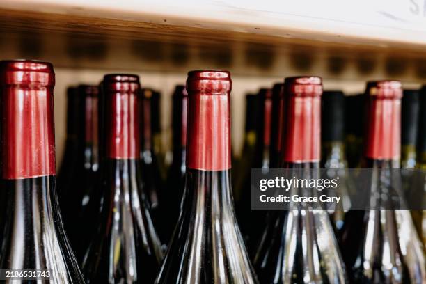 bottles of wine on shelf at store - bottiglia di vino foto e immagini stock