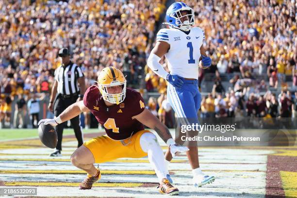 Cam Skattebo of the Arizona State Sun Devils reacts after scoring a four-yard rushing touchdown against the Brigham Young Cougars during the first...
