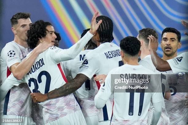 Ngal'ayel Mukau of LOSC Lille celebrates after scoring first goal during the UEFA Champions League 2024/25 League Phase MD5 match between Bologna FC...