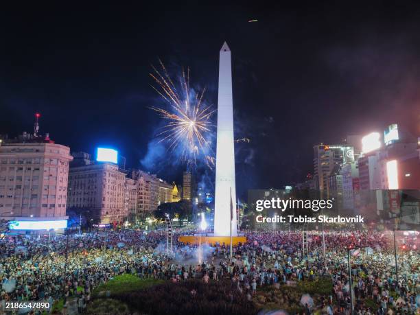 Aerial view of the fans of Racing Club celebrations after winning the CONMEBOL Sudamericana 2024 Final match against Cruzeiro at Obelisk on November...