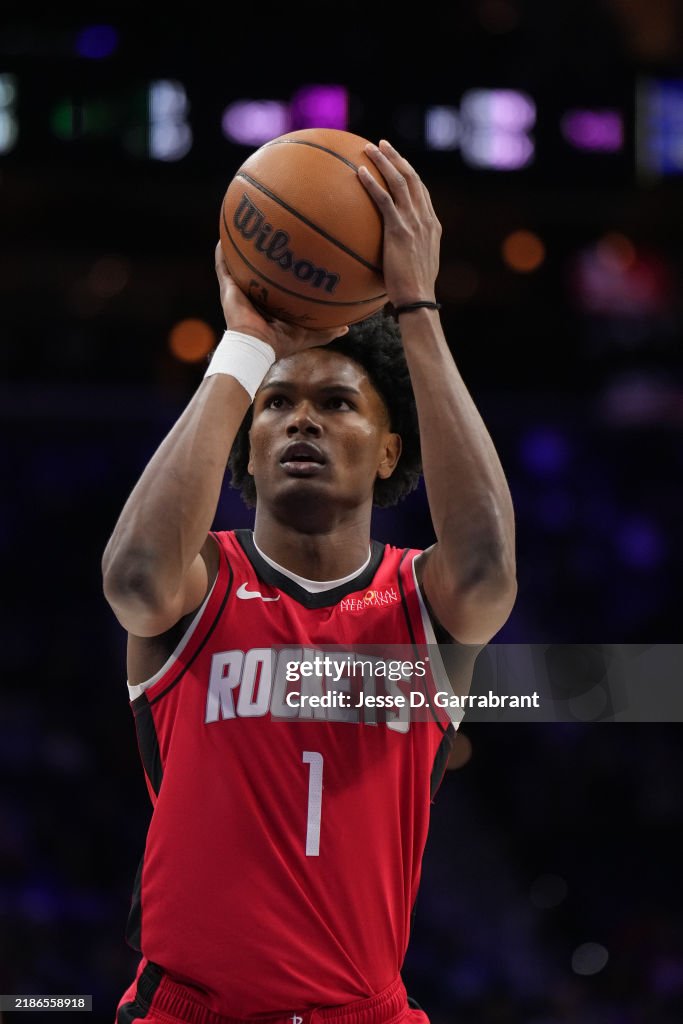 Houston Rockets Thompson Amen Thompson of the Houston Rockets shoots a free throw during the ...