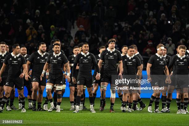 New Zealand team perform Haka before the Autumn Nations Series 2024 match between Italy and New Zealand at Allianz Stadium on November 23, 2024 in...