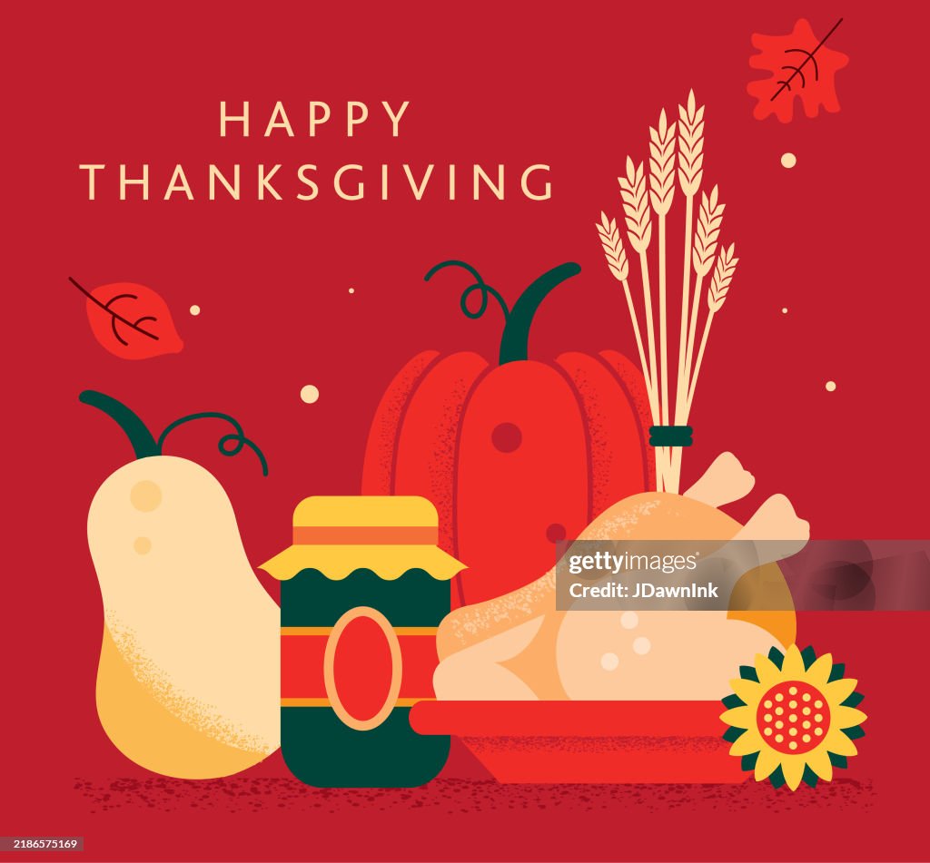 Happy Thanksgiving web banner design greeting with roasted turkey, gourd and pumpkins, preserve, sunflower, sheaf of wheat and autumn leaves