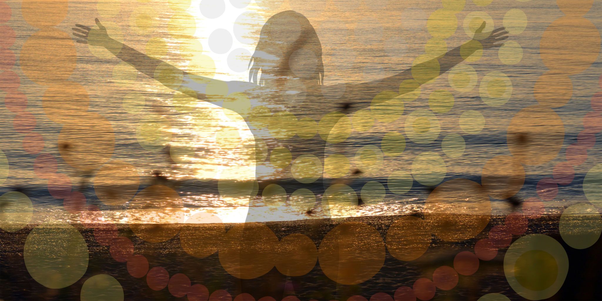 Enjoy life composition with woman silhouette by the sea with open arms Enjoy life composition with woman silhouette by the sea with open arms