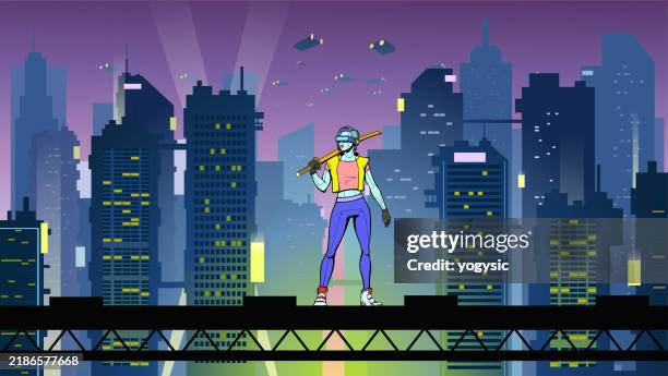 stockillustraties, clipart, cartoons en iconen met vector cyberpunk girl with cyberpunk city background stock illustration - pakjesavond