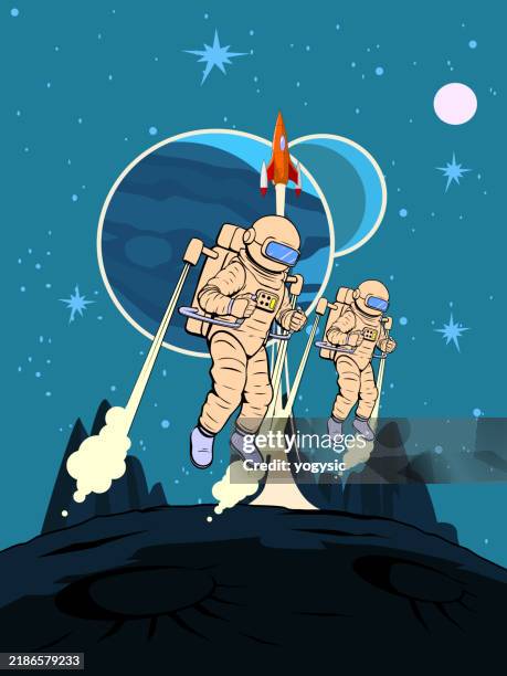illustrations, cliparts, dessins animés et icônes de illustration, cliparts, dessins animés et icônes de vector retro astronaut team exploring a planet on a jetpack - bande dessinée japonaise