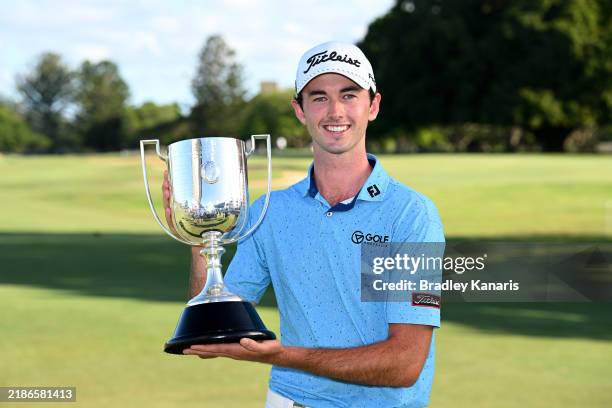 Elvis Smylie of Australia poses with the Joe Kirkwood Cup after victory on day four of the BMW Australian PGA Championship 2025 at Royal Queensland...