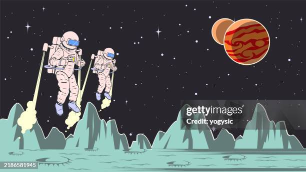 vector retro astronaut team exploring a planet on a jetpack stock illustration - jet pack stock illustrations