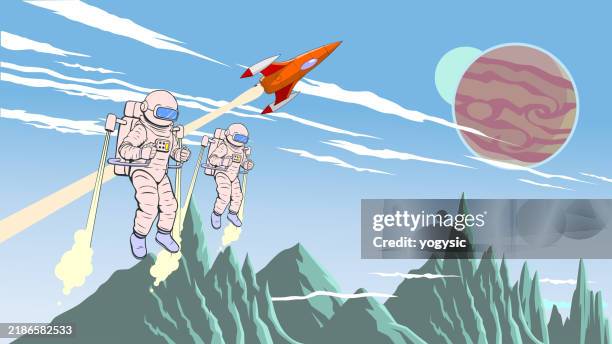 vector retro astronaut team exploring a planet on a jetpack stock illustration - jet pack stock illustrations