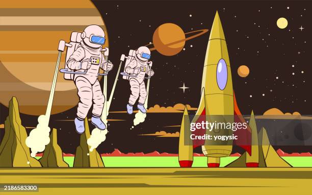 vector retro astronaut team exploring a planet on a jetpack stock illustration - jet pack stock illustrations