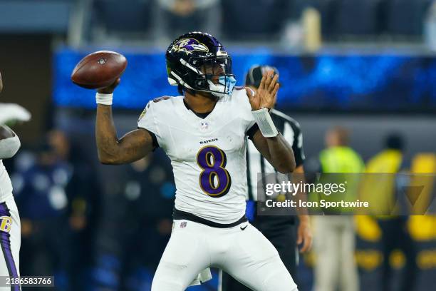 Baltimore Ravens quarterback Lamar Jackson looks to throw the ball during the NFL game between the Baltimore Ravens and the Los Angeles Chargers on...