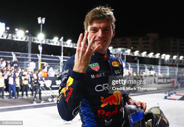 World Drivers Champion Max Verstappen of the Netherlands and Oracle Red Bull Racing celebrates in parc ferme during the F1 Grand Prix of Las Vegas at...