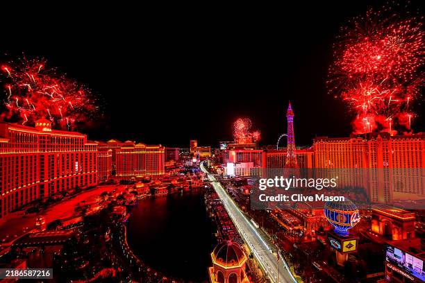 General view over the circuit as fireworks go off after the F1 Grand Prix of Las Vegas at Las Vegas Strip Circuit on November 23, 2024 in Las Vegas,...
