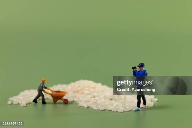 figurine worker working on the rice farm - tâche fastidieuse photos et images de collection