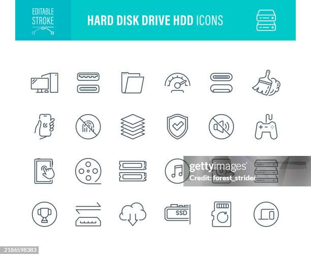 ilustraciones, imágenes clip art, dibujos animados e iconos de stock de iconos de unidad de disco duro trazo editable - compartimiento para almacenamiento