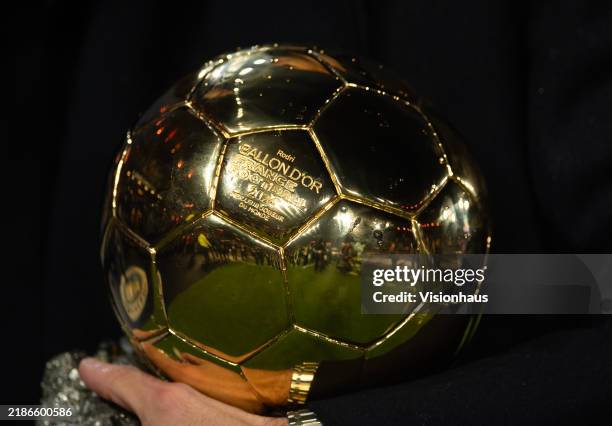 Detailed view of the Ballon d'Or award won by Rodri of Manchester City prior to the Premier League match between Manchester City FC and Tottenham...