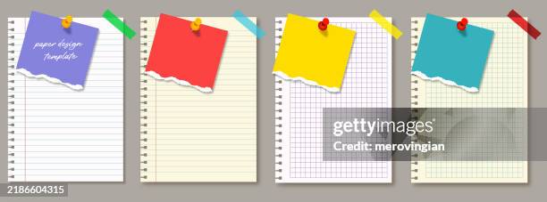 textfeld-design aus zerrissenem papier, linierte seiten mit farbigen heftklammern - liniertes papier stock-grafiken, -clipart, -cartoons und -symbole