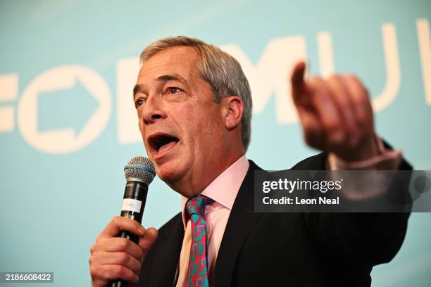 Leader of Reform UK, Nigel Farage talks while attending a Reform UK press conference on November 28, 2024 in London, England. The populist Reform UK...