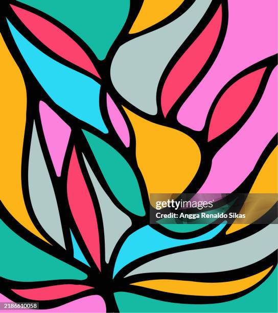 ilustraciones, imágenes clip art, dibujos animados e iconos de stock de fondo abstracto colorido del arte de la planta delineado dibujo a mano con coloridos colores vibrantes - mural