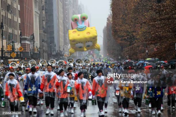The Bob sponge balloon floats the Annual Thanksgiving Day Parade on November 28, 2024 in New York City.