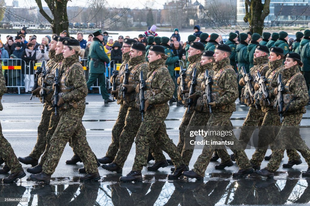 Latvian Army soldiers at a ceremonial event on the day of the founding of the state