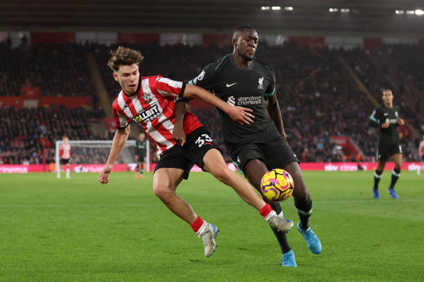 Tyler Dibling of Southampton under pressure from Ibrahima Konate of Liverpool during the Premier League match between Southampton FC and Liverpool FC...
