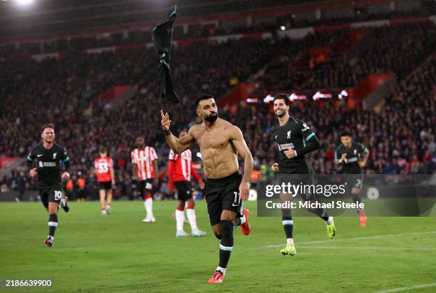 Mohamed Salah of Liverpool celebrates scoring his team's third goal during the Premier League match between Southampton FC and Liverpool FC at St...