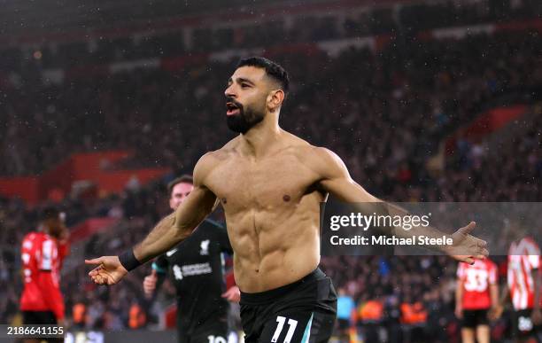 Mohamed Salah of Liverpool celebrates scoring his team's third goal during the Premier League match between Southampton FC and Liverpool FC at St...