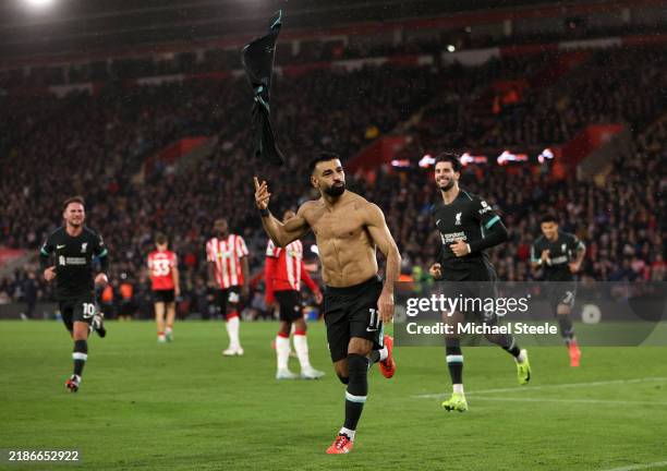 Mohamed Salah of Liverpool celebrates scoring his team's third goal during the Premier League match between Southampton FC and Liverpool FC at St...