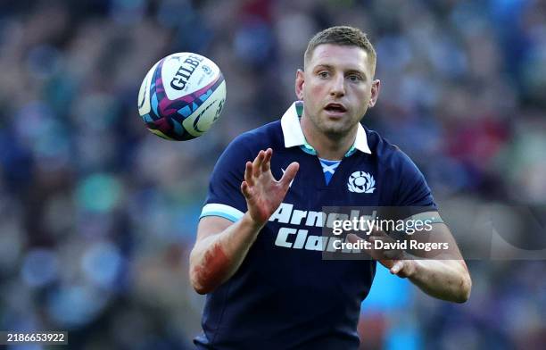 Finn Russell of Scotland catches the ball during the Autumn Nations Series 2024 match between Scotland and Australia at Scottish Gas Murrayfield on...