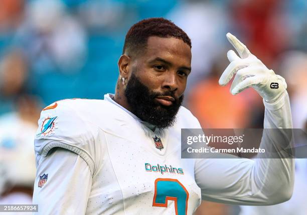 Odell Beckham Jr. #3 of the Miami Dolphins warms up prior to the game against the New England Patriots at Hard Rock Stadium on November 24, 2024 in...
