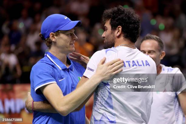 Matteo Berrenttini celebrates after Jannik Sinner of Team Italy wins his single match against Tallon Griekspoor of Team Netherlands and win the Davis...