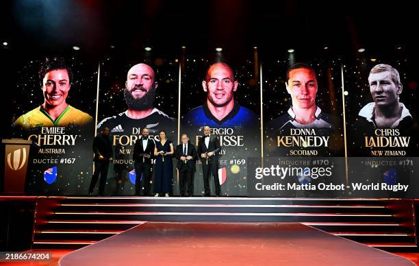 General view as Ugo Monye speaks with DJ Forbes of New Zealand, Donna Kennedy of Scotland, Chris Laidlaw of New Zealand and Sergio Parisse of Italy...