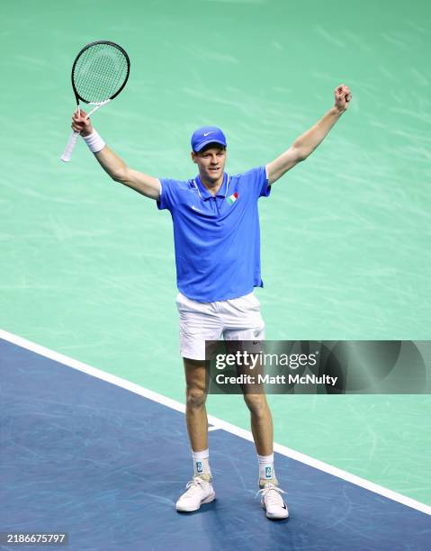 Jannik Sinner of Team Italy celebrates after winning his single match against Tallon Griekspoor of Team Netherlands and win the Davis Cup Finals in...
