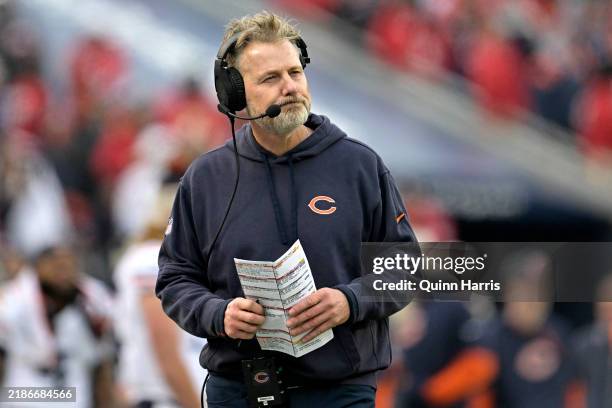 Head coach Matt Eberflus of the Chicago Bears reacts during the fourth quarter against the Minnesota Vikings at Soldier Field on November 24, 2024 in...