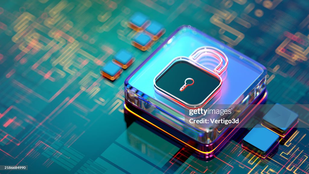 Cybersicherheit. Schutz des Netzwerks. Sperrzeichen auf digitaler CPU. Datenschutzverletzung