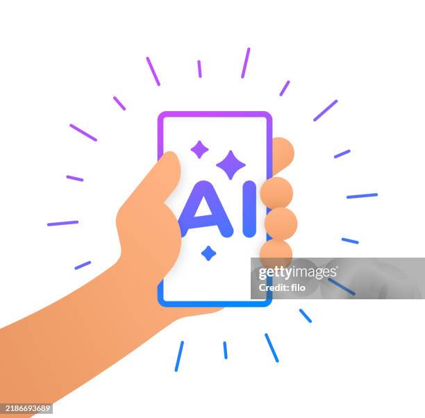 artificial intelligence ai person holding a mobile phone handheld technology device - exploding phone stock illustrations