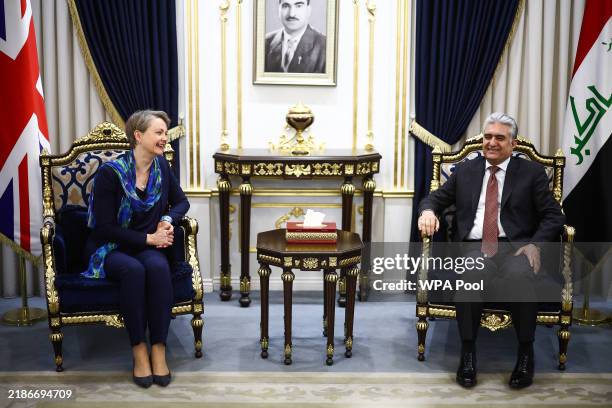 Britain's Home Secretary Yvette Cooper with the Kurdish Regional Minister of Interior Rebar Ahmed Khalid Barzani at the Ministry of Interior on...